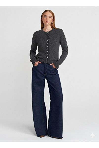 Dilvin 60934 Crew Neck Ruffle Detailed Buttoned Knitwear Cardigan-Smoked Melange