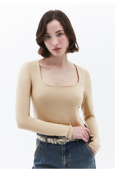 MERİCEY Γυναικεία μπλούζα με μακρυμάνικο τετράγωνο λαιμόκοψη από ύφασμα - Βασική, άνετη και κομψή