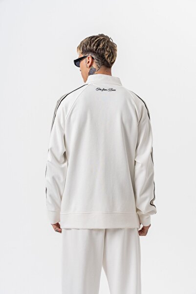 Respire Men's 3-Piece Stripe Detailed Stand Collar Doubleface Zip Oversize Sweatshirt Ecru