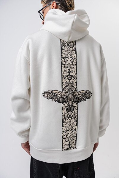 Respire Men's Feel Printed Hooded Oversize Hoodie Ecru