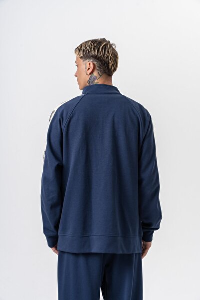 Respire Ανδρικό φούτερ με λεπτομέρεια ριγέ με όρθιο γιακά με διπλό φερμουάρ Oversize Navy Blue