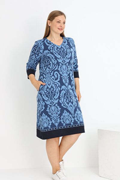İntensive Women's Plus Size Three Quarter Sleeve Pocket Lycra V-Neck Dress