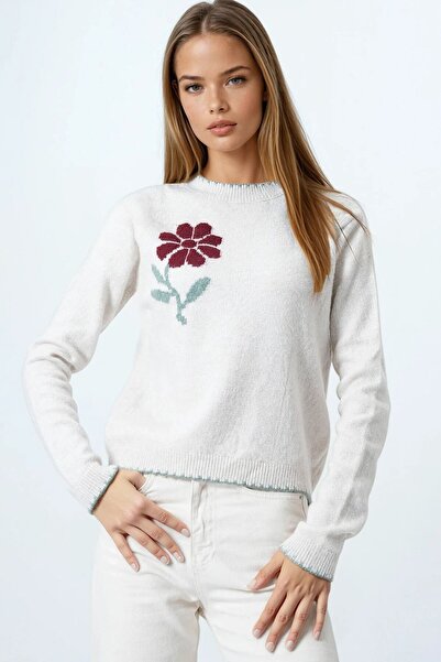 VAGGON Γυναικεία πλεκτή ζακέτα με λεπτομέρεια από πέτρα με λουλούδια Vs01065