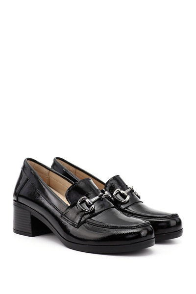 GÖNDERİ(R) Women/Girls Black Patent Leather Short Thick Heeled Genuine Leather Shoes