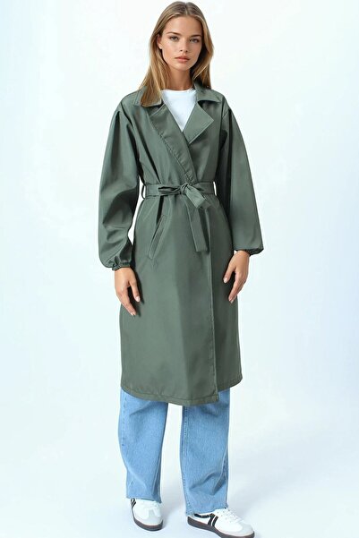 VAGGON Women's Khaki Double-Breasted Collar Trench Coat with Tie and Elasticated Sleeves Vs01074