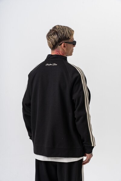 Respire Ανδρικό φούτερ με λεπτομέρεια με ρίγες, όρθιο γιακά, διπλό φερμουάρ, oversize, μαύρο