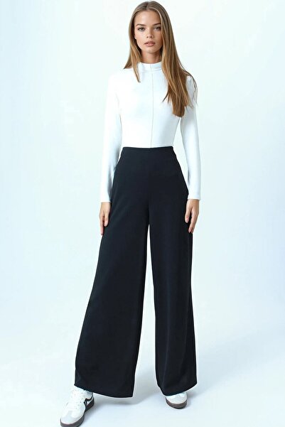 VAGGON Kadın Siyah Yüksek Bel Fermuar Kapamalı Palazzo Pantolon Vs01030