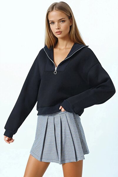 VAGGON Women's Black Polo Neck Half Zipper Sweatshirt Vs01033