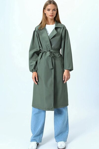 VAGGON Double-Breasted Collar Trench Coat with Tie and Elasticated Sleeves