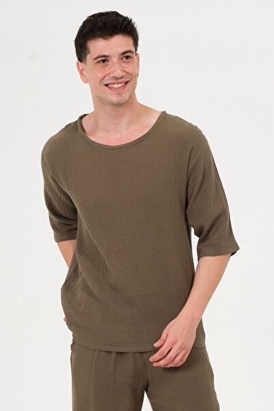 RELAXL 100% Cotton Crew Neck Oversize Khaki Muslin T-Shirt Home Wear