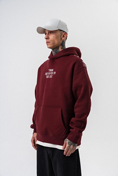 Respire Ανδρικό φούτερ με κουκούλα με στάμπα The Sea, μεγάλου μεγέθους, μπορντό