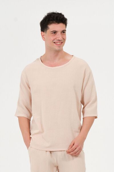 RELAXL 100% Cotton Muslin Basic Oversize Beige T-Shirt Plus Size