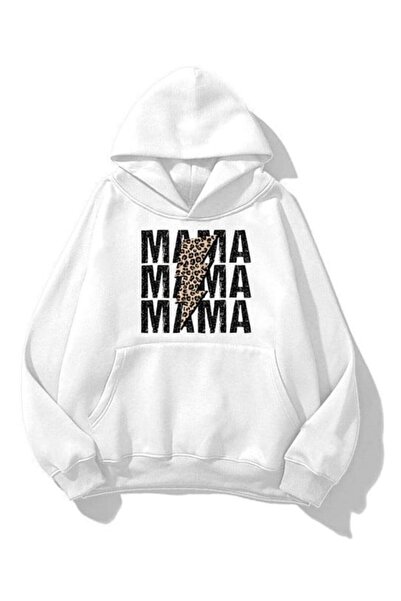 Know Unisex Tripple Mama Baskılı Kapüşonlu Sweatshirt Hoodie Beyaz