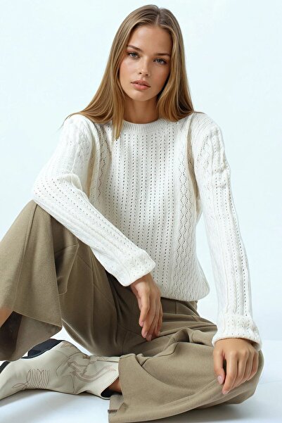 VAGGON Women's Cream Openwork Patterned Ribbed Knitwear Sweater Vs01044