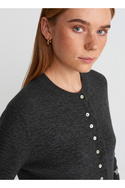 Dilvin 60934 Crew Neck Ruffle Detailed Buttoned Knitwear Cardigan-Smoked Melange