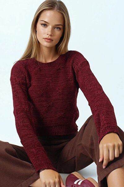 VAGGON Women's Burgundy Embossed Patterned Crew Neck Long Sleeve Knitwear Sweater Vs01051