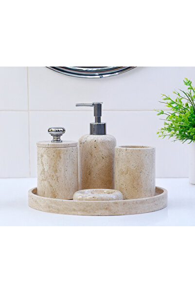 marbelix طقم حمام رخامي من 5 قطع - صندوق صابون سائل، صينية، حامل مناديل، حامل فرشاة أسنان، حامل صابون صلب