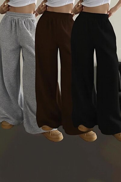 LOUİSA Pachet de 3 pantaloni de sport pentru femei, gri-negru-maro, cu model în relief, cu formă lejeră