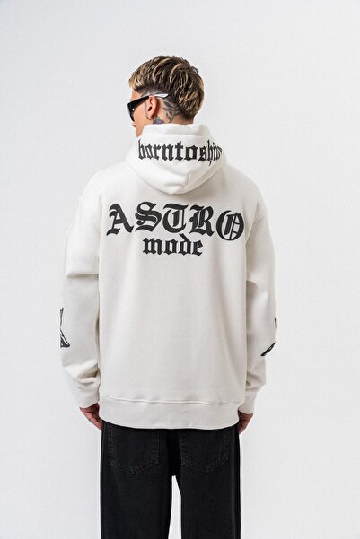 Respire Men's Astro Mode Printed Hooded Oversize Hoodie Ecru