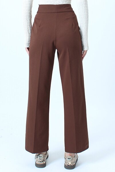 VAGGON Women's Brown Double Pocket Button Closure Palazzo Pants Vs01075