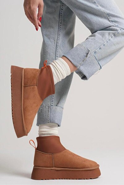 yezy shoes İçi Kürklü Streç Detaylı Kalın Taban Dana Süet Ortopedik Kadın Bot
