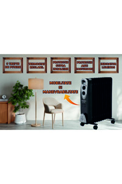 Hausberg Calorifer electric HB-8911NG, 2500 W, 11 elementi, 3 trepte de putere, Termostat reglabil,