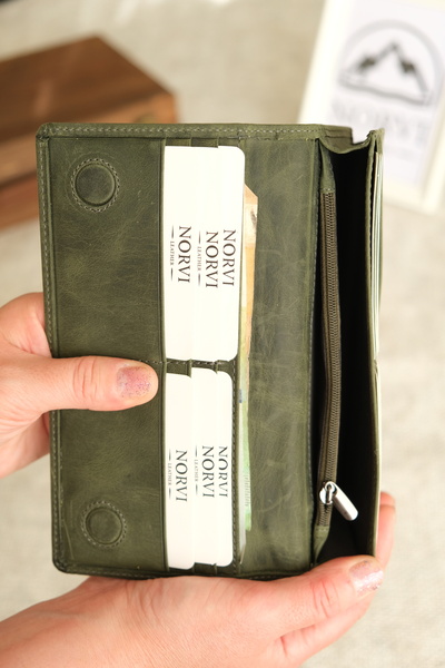 Norvi Leather Genuine Leather Wallet with Phone Compartment and Hand Strap Green 1028