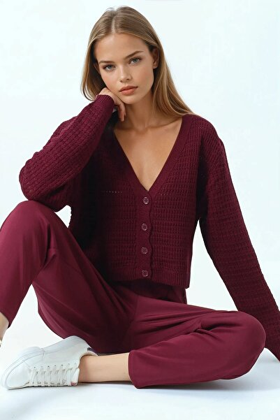 VAGGON Women's Burgundy Textured Knitted Patterned Long Sleeve Buttoned Knitwear Cardigan Vs01049