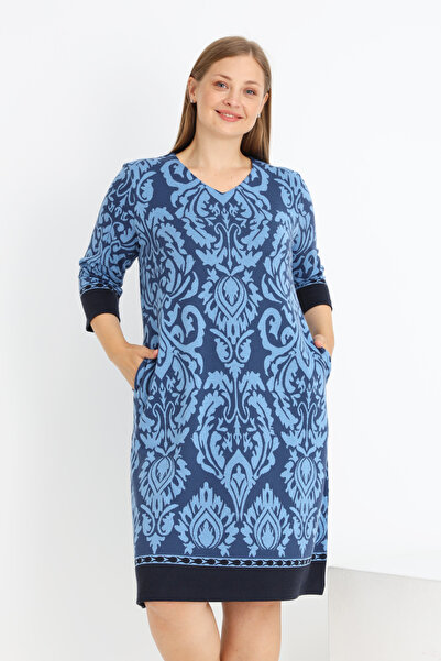 İntensive Women's Plus Size Three Quarter Sleeve Pocket Lycra V-Neck Dress