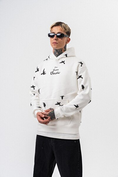 Respire Men's Far from Basic Printed Hooded Oversize Hoodie Ecru