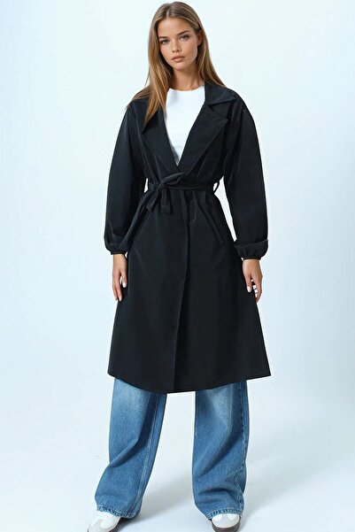 VAGGON Double-Breasted Collar Trench Coat with Tie and Elasticated Sleeves
