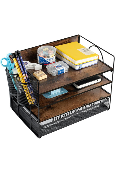 OEM Wooden desk organizer with vintage metal mesh, 4 levels