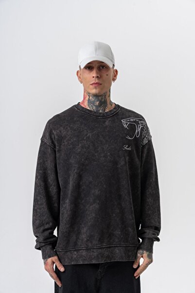 Respire Erkek Snake Nakışlı Yıkamalı Bisiklet Yaka Oversize Sweatshirt Siyah