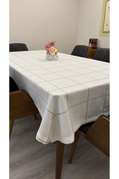homease Beige Embroidered Gardenia Carefree Patchwork Tablecloth | 160X220–160X260 | Guesthouse & Dowry House