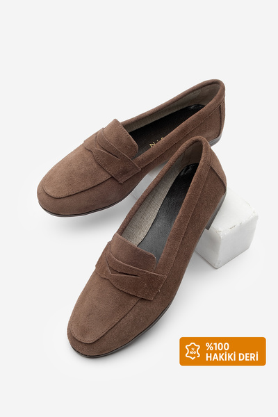 Marjin Women's Genuine Leather Loafer Casual Shoes Rosme Brown Suede