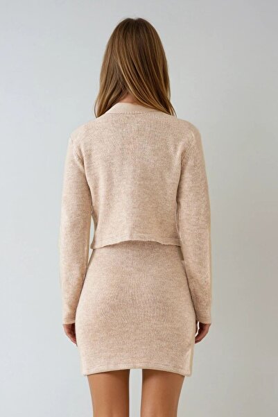 VAGGON Women's Beige Short Sleeve Knitwear Mini Dress and Buttoned Cardigan Set Vs00982