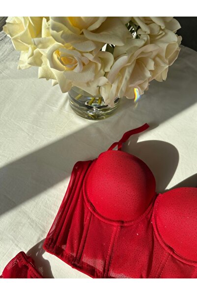 OMODAM Red Bustier Suit with Glitter Pattern Support