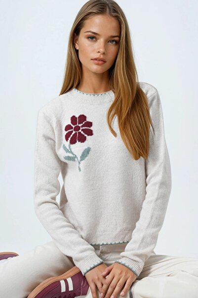 VAGGON Women's Stone Flower Detailed Crew Neck Knitwear Cardigan Vs01065