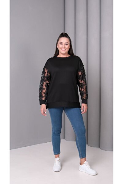 Esina Women's Crystal Fabric Sweatshirt with Tulle Detail on the Sleeves