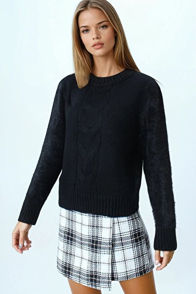 VAGGON Pulover de tricotat cu ciucuri pentru femei, negru, cu decolteu, cu detaliu în talie și mâneci, Vs01046