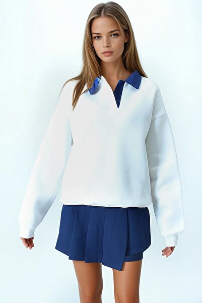 VAGGON Kadın Ekru Kontrast Denim Yaka Uzun Kollu Sweatshirt Vs01071