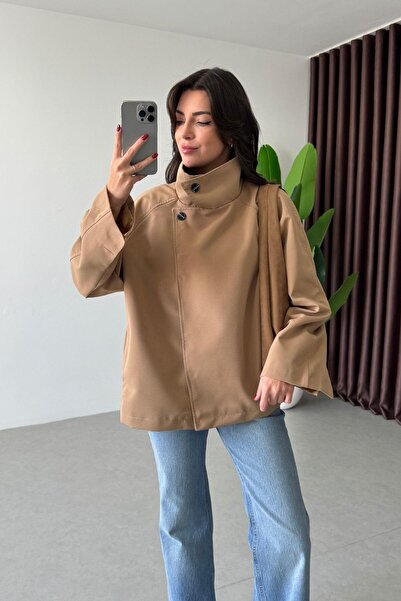 ECEMİ Gazel Karamel Dik Yaka Midi Boy Trençkot