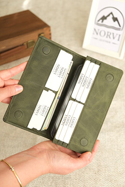 Norvi Leather Genuine Leather Wallet with Phone Compartment and Hand Strap Green 1028