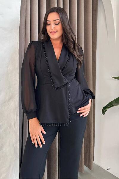 ZISHAN Büyük Beden Boncuk İşlemeli Şifon Kollu Siyah Abiye Pantolon Takım 024K