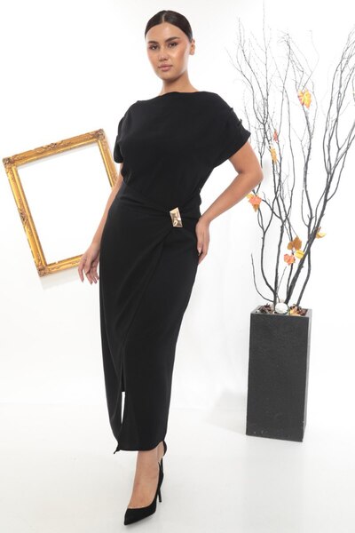Budvaa Stylish Boat Neck Draped Waist Buckle Midi Dress