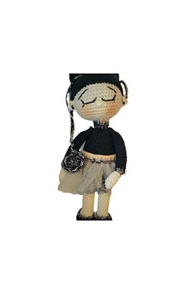 handmadeproducts Papusa crosetata Balerina somnoroasa, handmade, bumbac, negru, crem, umplutura din microfibra, 39x14