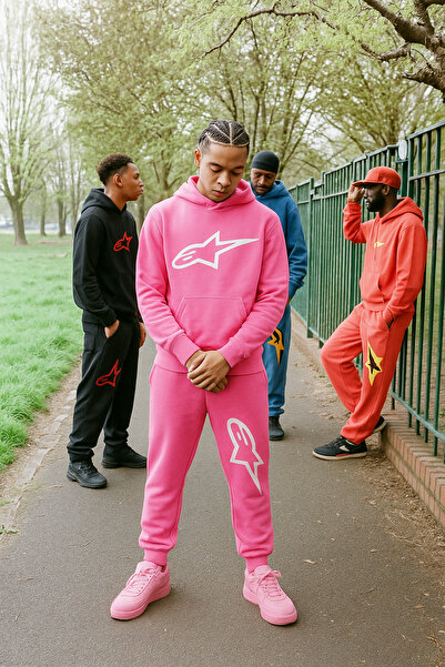 CLASSY.MODA Σετ αθλητικής φόρμας με κουκούλα με 3 κλωστές με τσέπες καγκουρό, πολύχρωμο σχέδιο με αστέρια, αθλητικό στυλ Unisex