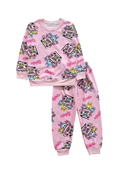 Şekerkids Girl's Cotton Pink Color Labubu Patterned Seasonal Pajama Set