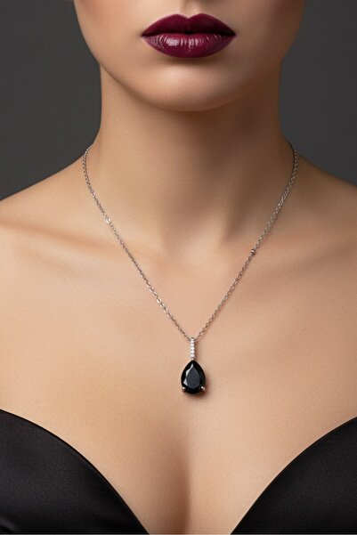 X-Lady Accessories Gümüş Renk Sıra Taşlı Siyah Damla Model Sf Zincir Çelik Ko...