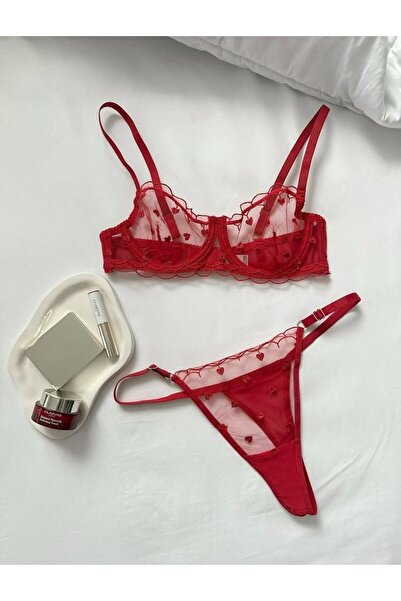 Fanwet Women's Red Tiny Heart Tulle Thong Bra Underwear